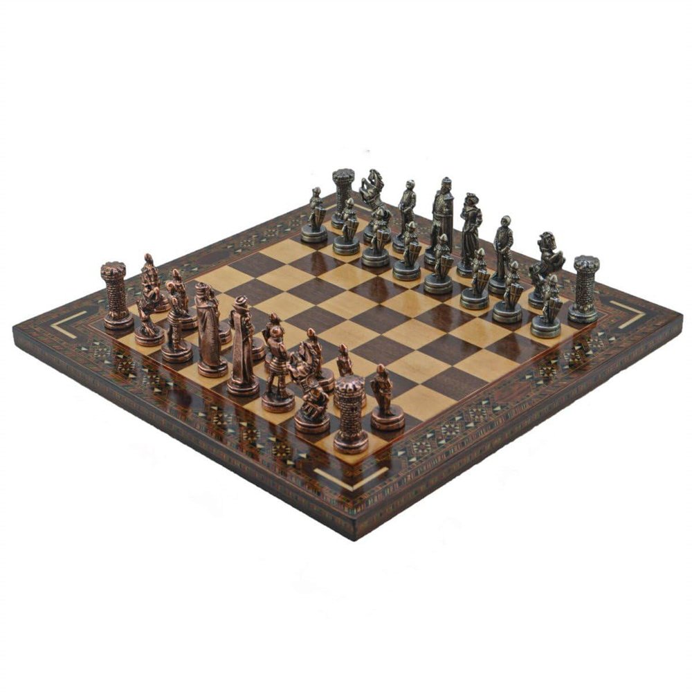 Antique Copper Medieval British Army Figures Metal Chess Set for Adult,Handmade Cool Pieces and Medium Size Natural Solid Wooden Chessboard with Pearl Design Around Board (Walnut)