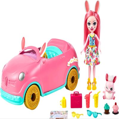 Mattel Enchantimals Bunnymobile Small Doll & Toy Car Playset with 10 Accessories Including Bunny Figure & Travel Gear, Pink Convertible Vehicle