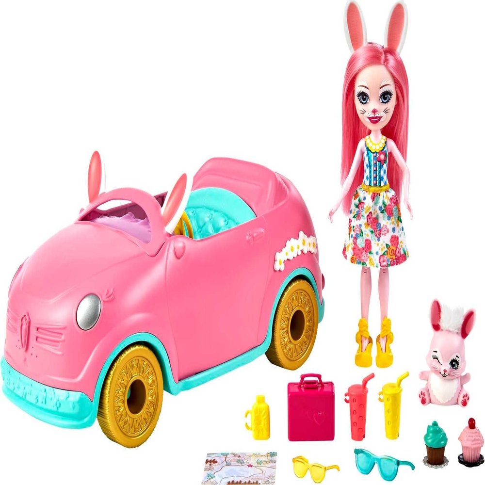 Mattel Enchantimals Bunnymobile Small Doll & Toy Car Playset with 10 Accessories Including Bunny Figure & Travel Gear, Pink Convertible Vehicle