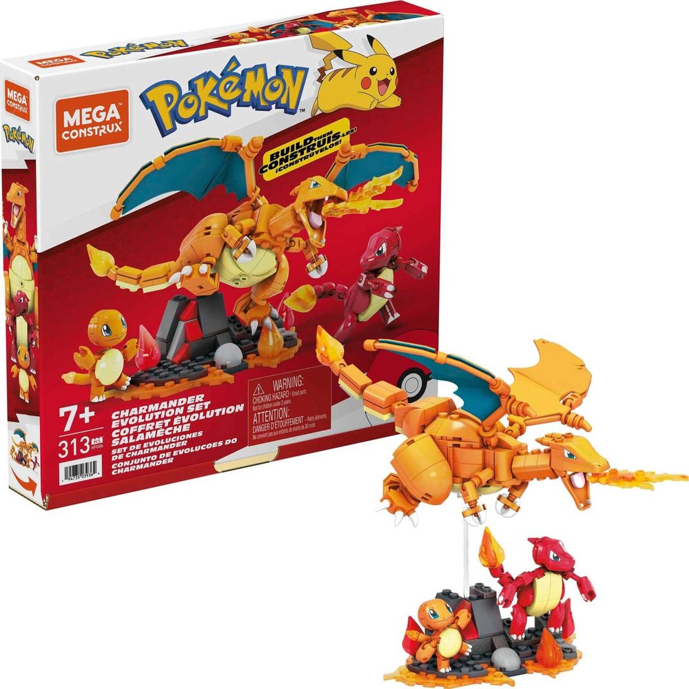 MEGA Pokmon Action Figure Building Toys for Kids, Charmander Evolution Set with 313 Pieces, 3 Poseable Characters, Charmeleon and Charizard