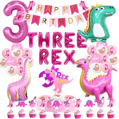 Dino-Rex Baby Grl 3rd Bday Party Decorations - Pink Dinosaur Supplies