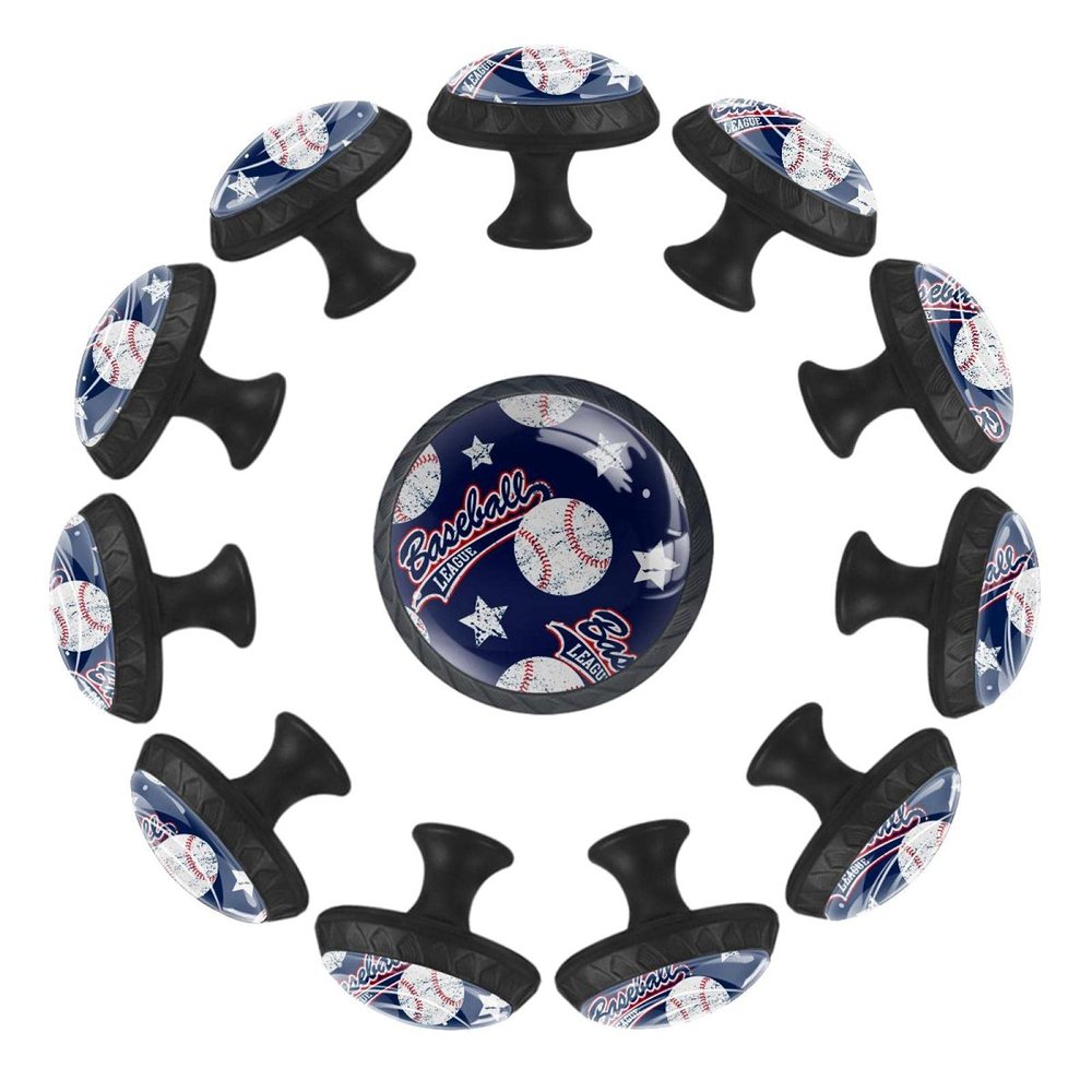 12 Pieces Baseball Stars Glass Knobs for Dresser Drawers, 1.37 x 1.10 in Round Kitchen Cabinet Pulls for Home Office Nursery Kids Room