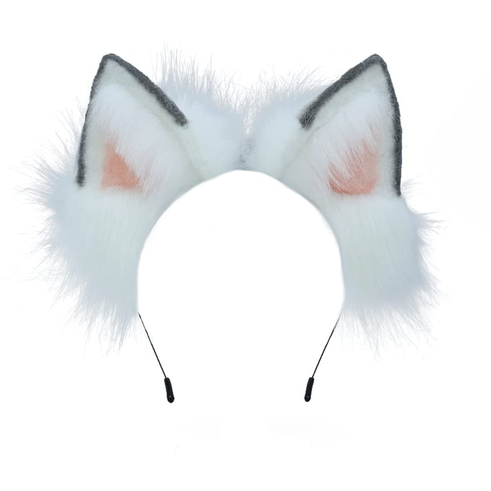 VIGVAN Handmade Wolf Fox Ears Animal Cosplay Cute Head Accessories for Halloween (Wolf White1)