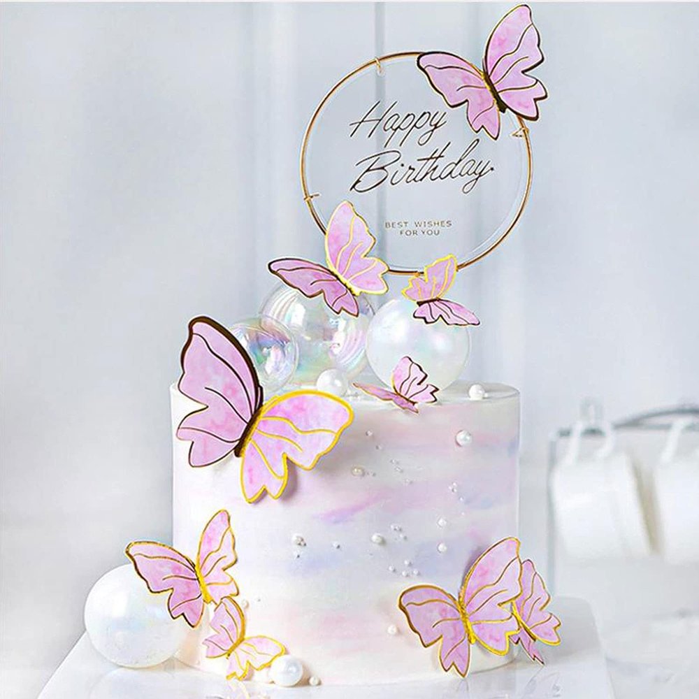 20PCS Pink Butterfly Cupcake Toppers and 1pcs Gold Metal Acrylic Panel Cake Toppers Cake Decorations for Girls Women Happy Birthday Wedding Party Food Supplies