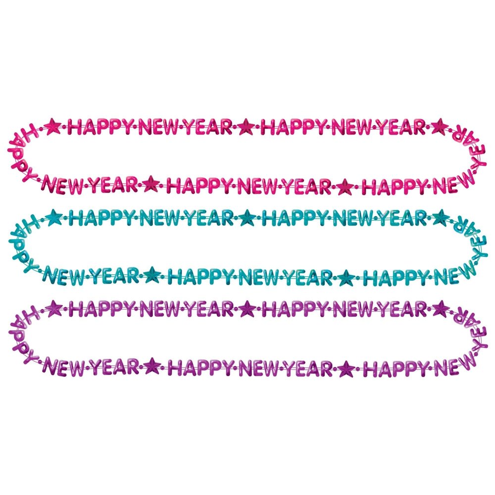 Assorted Colors Happy New Year Beads Pack - 33" (3 Count) | Electroplated Plastic Costume Accessories, Ideal for Unforgettable New Year's Eve Party
