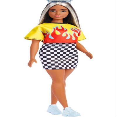 Barbie Fashionistas Doll #179, Curvy with Long Highlighted Hair, Flame Crop Top, Checkered Skirt & Accessories Including Sneakers & Sunglasses