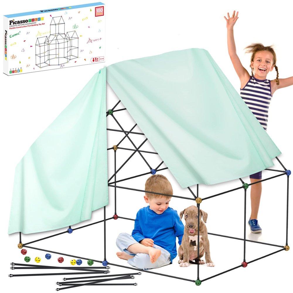 PicassoTiles Kids Fort Building Kit Playset 150 Piece Indoor and Outdoor Toy Set Forts Construction Builders Blocks Toys Children Boys Girls STEM Learning Castle System Tunnel Tent Rocket Pretend Play