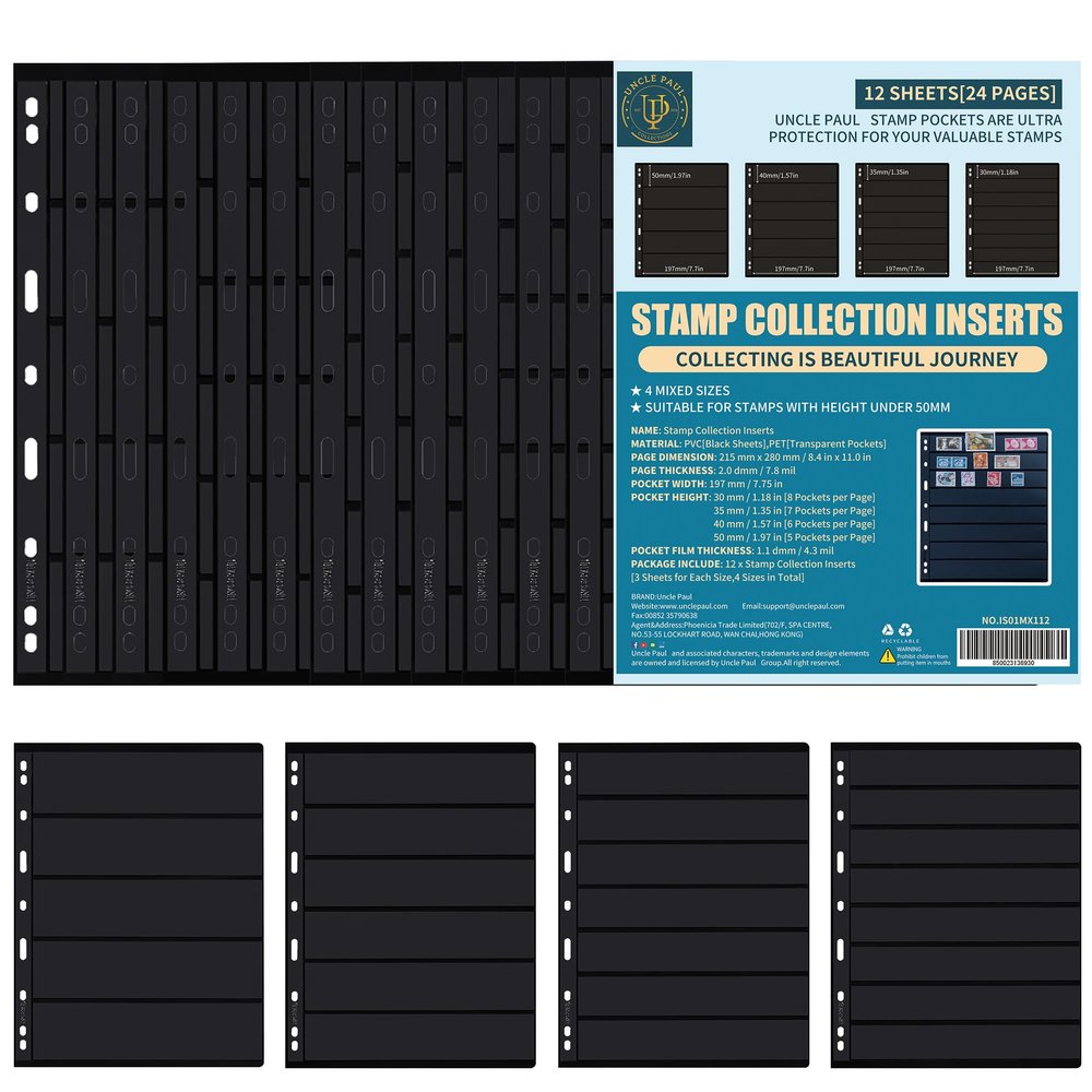Stamp Collection Inserts - Collector Stamp Album 12 Sheets with 4 mixed sizes for Stamp Collection Binder Kit IS01MX112