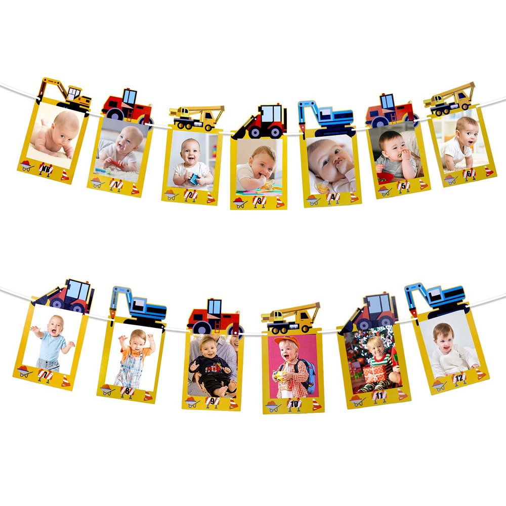 1st Birthday Boy Photo Banner for Baby from Newborn to 12 Months, First Birthday Decorations Boy Monthly Construction Vehicles Theme| Pre-strung with Frame (truck)