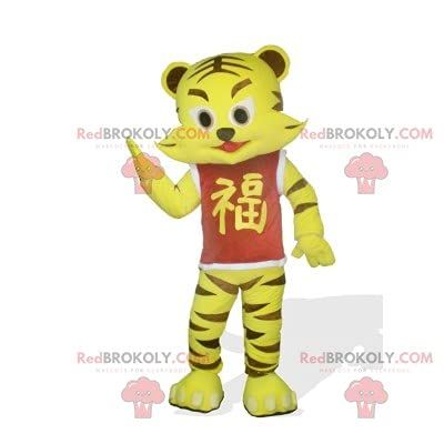 SPOTSOUND REDBROKOLY Mascot small yellow and brown tiger with a red t-shirt