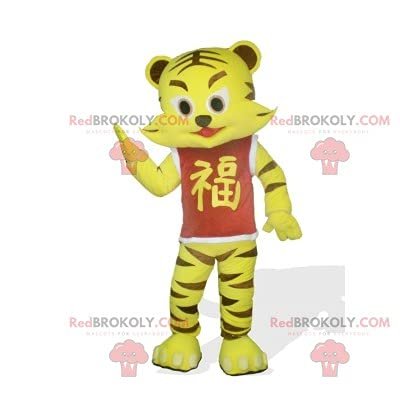 SPOTSOUND REDBROKOLY Mascot small yellow and brown tiger with a red t-shirt