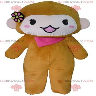 SPOTSOUND Brown and pink monkey REDBROKOLY Mascot with a scarf and a flower