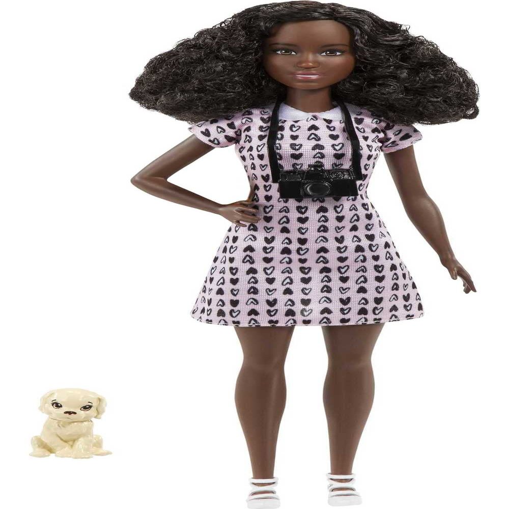 Barbie Careers Fashion Doll & Accessories, Photographer with Petite Body Type Wearing Removable Heart-Print Dress with Camera & Puppy