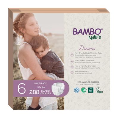 Bambo Nature Hypoallergenic Dream Baby Diapers, Premium Eco-Labeled Sustainable Diapers, Enhanced Leakage Protection, Totally Chlorine-free, Skin Friendly, and Super Absorbent - Size 6 (288 Count)