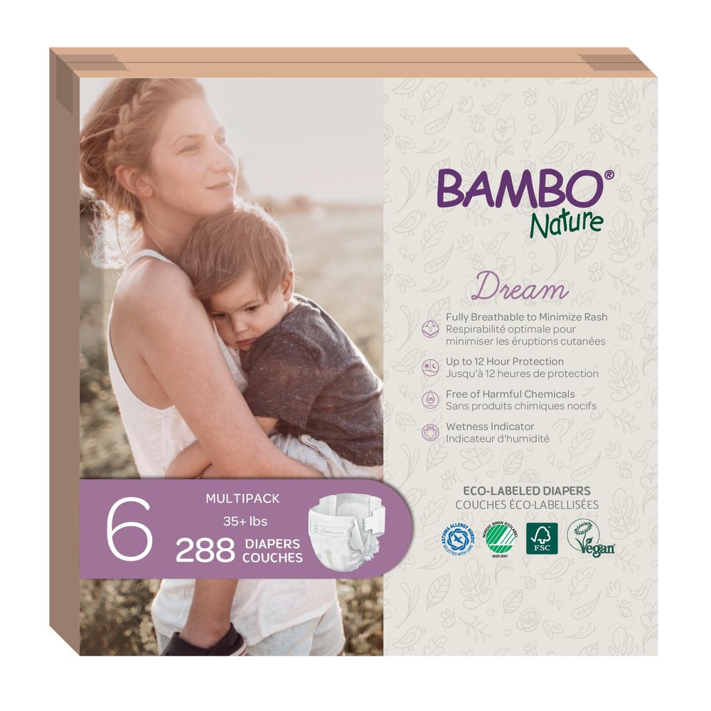 Bambo Nature Hypoallergenic Dream Baby Diapers, Premium Eco-Labeled Sustainable Diapers, Enhanced Leakage Protection, Totally Chlorine-free, Skin Friendly, and Super Absorbent - Size 6 (288 Count)