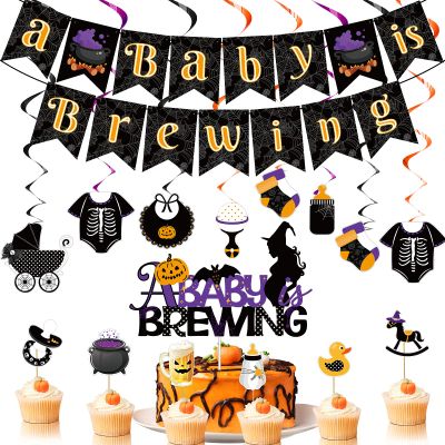 Nezyo Halloween Baby Shower Party Decorations a Baby is Brewing Banner Gender Reveal Decorations Halloween Party Favors Hanging Swirls Cake Cupcake Toppers for Indoor Outdoor