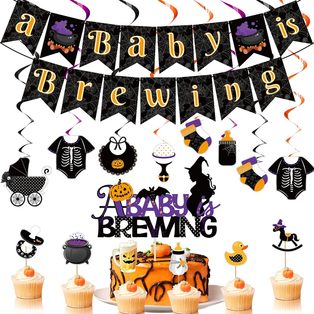 Nezyo Halloween Baby Shower Party Decorations a Baby is Brewing Banner Gender Reveal Decorations Halloween Party Favors Hanging Swirls Cake Cupcake Toppers for Indoor Outdoor