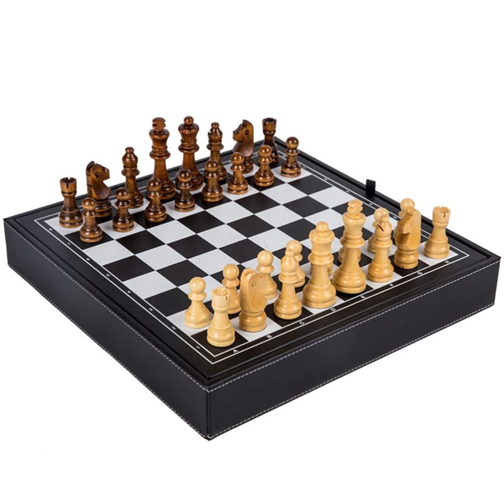 12.6inChess Sets Solid Wood Chessman with Storage Leather Chess Box Board Game - for Beginner&Kids and Adults ( Color : Black )