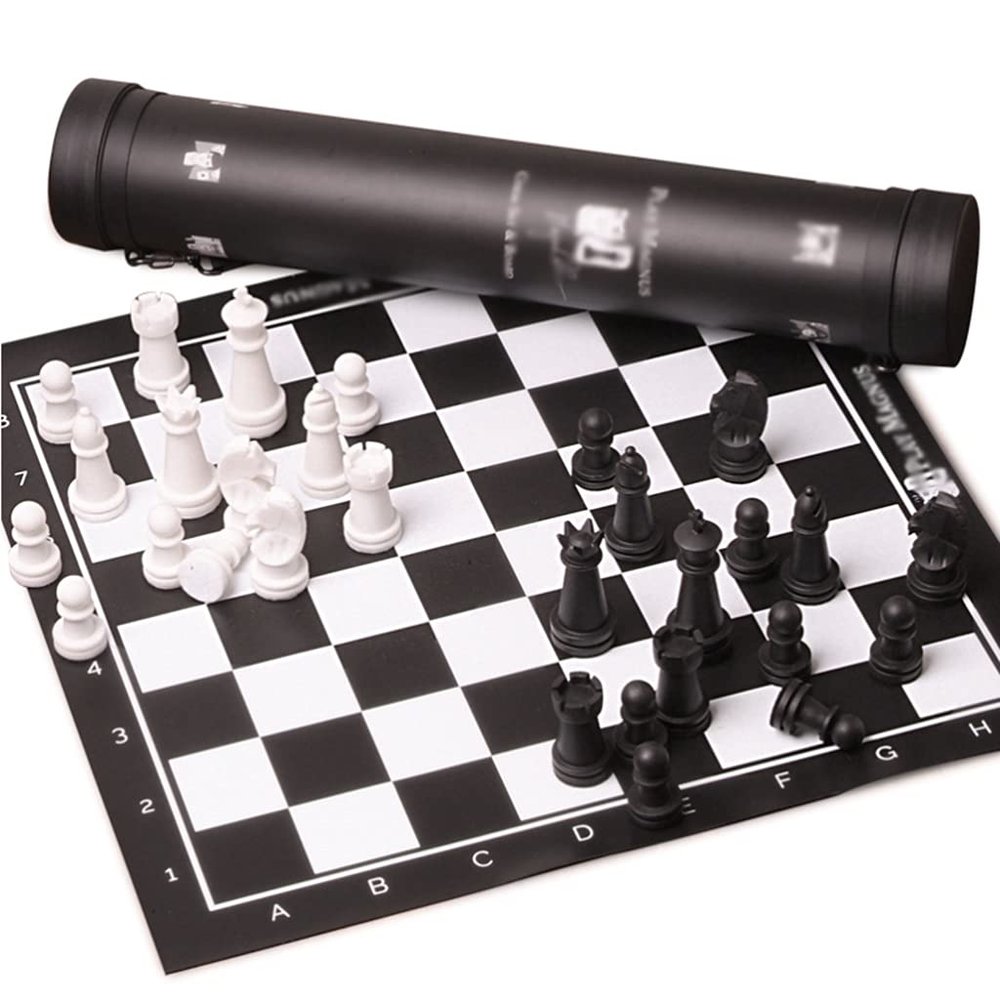 20in Chess Set Roll-Up Leather Chess Set Comes with A Innovative Carry Pouch/Hips Plastic Chess Pieces for Beginner&Kids ( Color : Black )