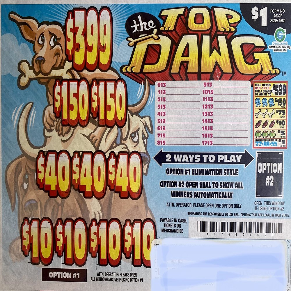 Top Dawg $599 Bingo Pull Tabs, Seal Card Elimination Game