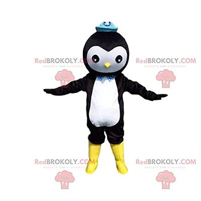 SPOTSOUND Black and white penguin REDBROKOLY Mascot with a blue hat