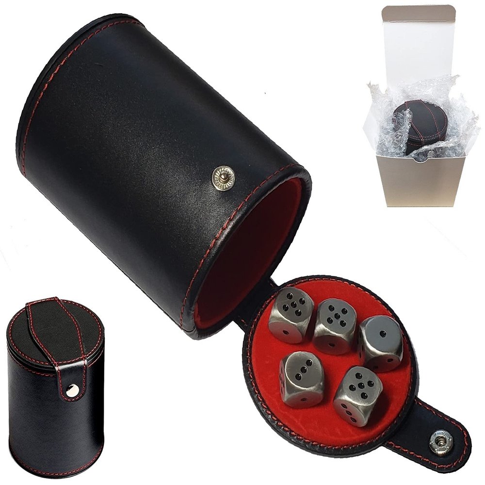 Cyber-Deals Set of Dice Cup Black PU Leather with Storage Compartment Red Felt Lined + 16mm Zinc Alloy Metal Dice, Gift Boxed (Antique Tin, Black)