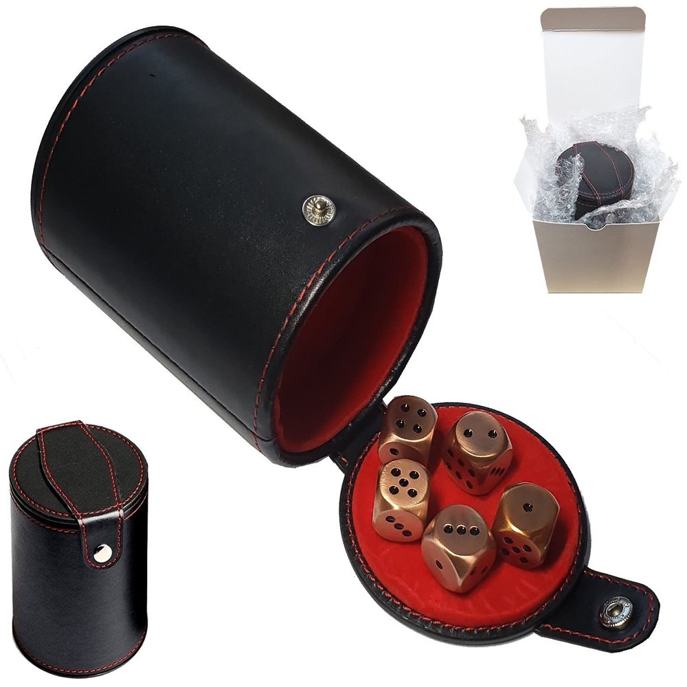 Set of Dice Cup Black PU Leather with Storage Compartment Red Felt Lined + 16mm Zinc Alloy Metal Dice, Gift Boxed (Antique Copper, Black)