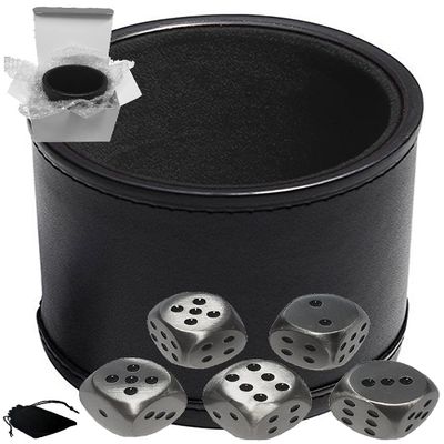 Cyber-Deals Set of Dice Cup Black PU Leather w/Plush Black Felt Lined + 16mm Zinc Alloy Metal Dice, Gift Boxed (Antique Tin, Black)