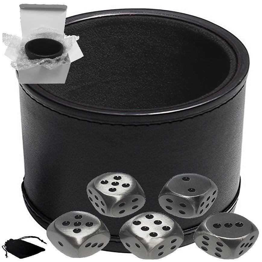 Cyber-Deals Set of Dice Cup Black PU Leather w/Plush Black Felt Lined + 16mm Zinc Alloy Metal Dice, Gift Boxed (Antique Tin, Black)