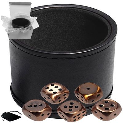 Cyber-Deals Set of Dice Cup Black PU Leather w/Plush Black Felt Lined + 16mm Zinc Alloy Metal Dice, Gift Boxed (Antique Copper, Black)