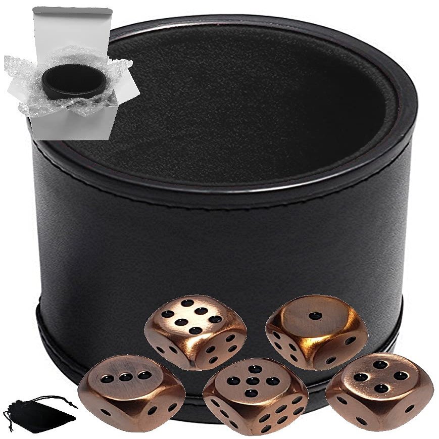 Cyber-Deals Set of Dice Cup Black PU Leather w/Plush Black Felt Lined + 16mm Zinc Alloy Metal Dice, Gift Boxed (Antique Copper, Black)