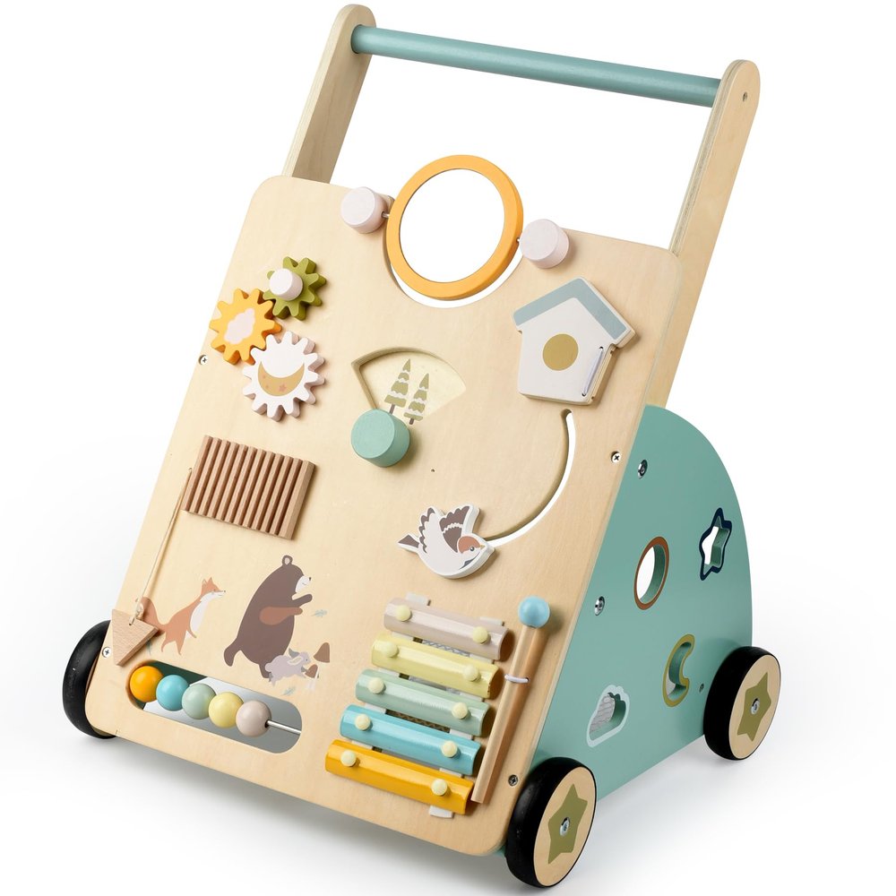 REDCAMP Wooden Push and Pull Learning Cart with Gears,Jade Green
