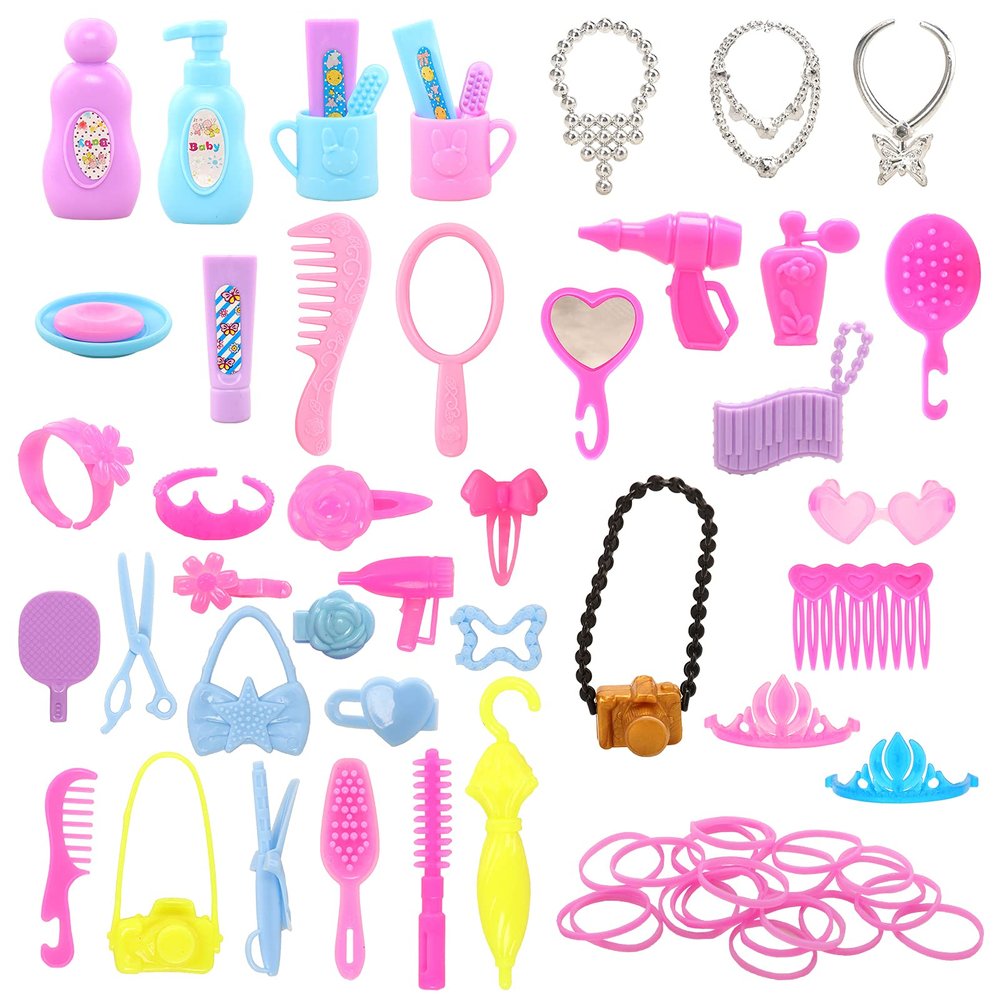 BARWA 43 PCS Doll Accessories Travel Toiletries Clip Bag Crown Necklace Comb Camera Rubber Band for 11.5 inch Doll Xmas Gift