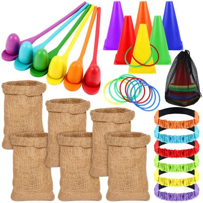 Sumind 40 Pcs Carnival Outdoor Games, 6 Pack 25x40 Burlap Potato Sack Race Bags for Kids Adults, Egg Spoon 3 Legged Race Bands Ring Toss Cones for Field Day Family Reunion Lawn Easter Games