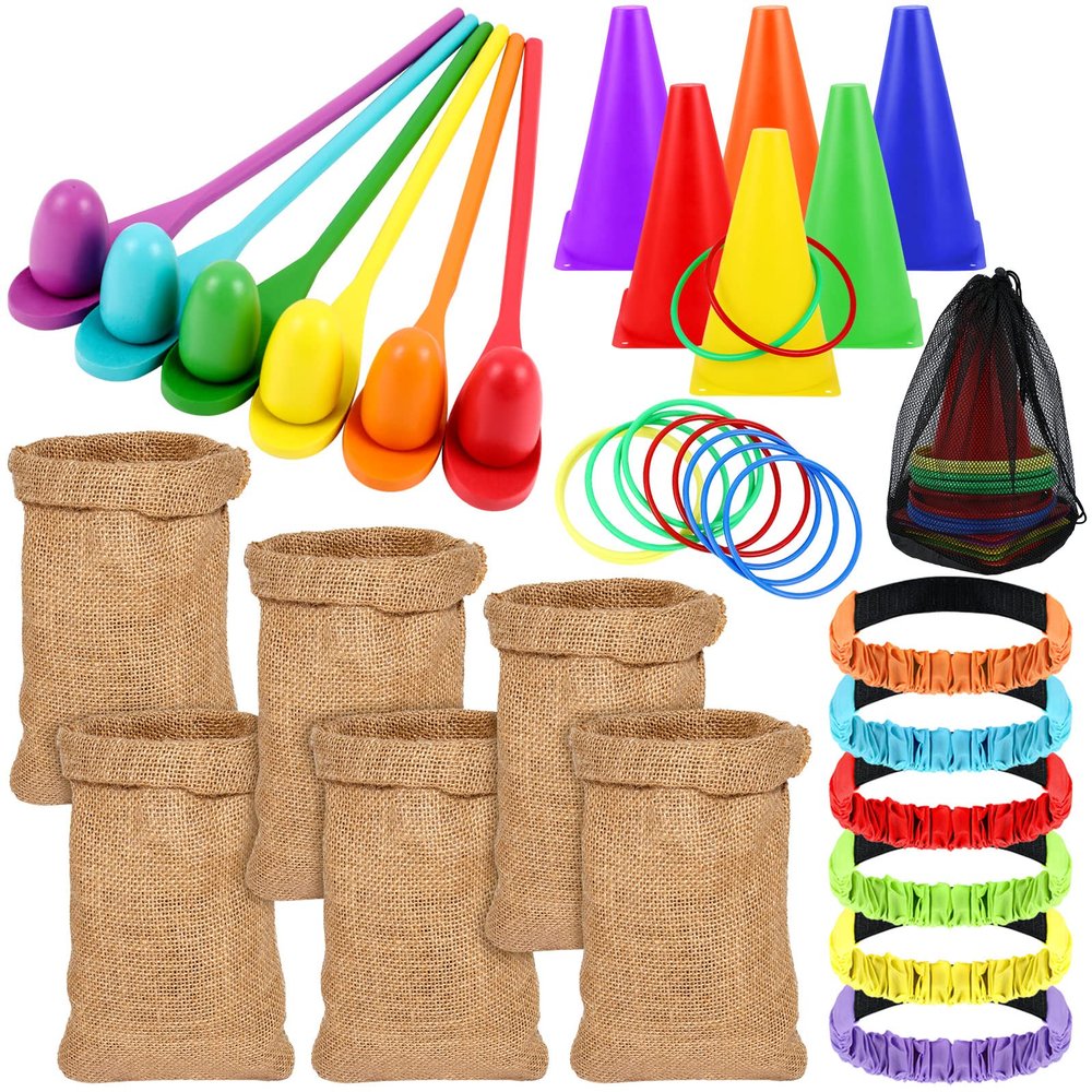 Sumind 40 Pcs Carnival Outdoor Games, 6 Pack 25x40 Burlap Potato Sack Race Bags for Kids Adults, Egg Spoon 3 Legged Race Bands Ring Toss Cones for Field Day Family Reunion Lawn Easter Games