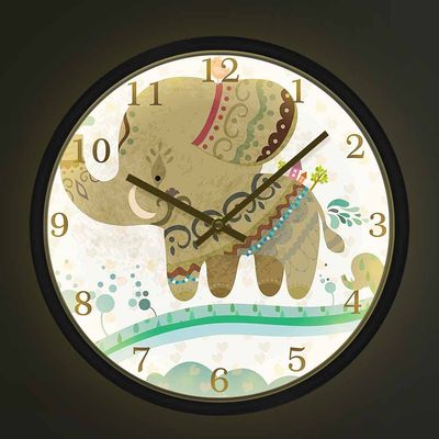 Geek Alerts Little Animals Cartoon Elephants Wall Clock with Sound Control LED Night Light Animal Metal Frame Silent Movement Wall Watch Baby Elephants Artwork for Kids Bedroom