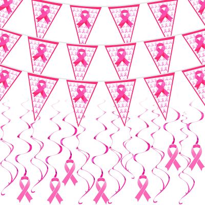 35 Pieces Breast Cancer Pink Pennant Banners Hanging Signs 9.8 Feet Breast Cancer Awareness Hope Faith Strength Courage Ribbon Banner and Swirl Decorations for Women Birthday Party, 7.9 x 11.8 Inch