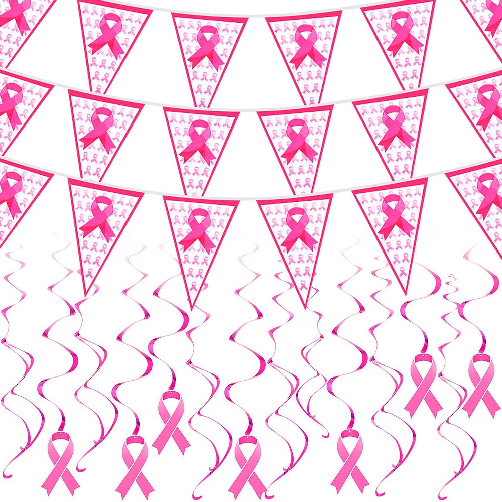 35 Pieces Breast Cancer Pink Pennant Banners Hanging Signs 9.8 Feet Breast Cancer Awareness Hope Faith Strength Courage Ribbon Banner and Swirl Decorations for Women Birthday Party, 7.9 x 11.8 Inch