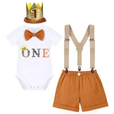 ODASDO Wild One Baby Boy Jungle Safari Zoo 1st First Birthday Cake Smash Outfit One Year Old Party Clothes Cotton Short Sleeve Romper Shorts Pants Y-back Suspenders Crown Headband 4pcs Set Brown 1T