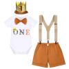 ODASDO Wild One Baby Boy Jungle Safari Zoo 1st First Birthday Cake Smash Outfit One Year Old Party Clothes Cotton Short Sleeve Romper Shorts Pants Y-back Suspenders Crown Headband 4pcs Set Brown 1T view 1