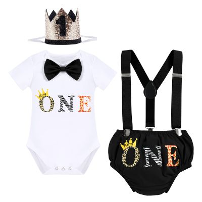 Baby Boy Jungle Safari Theme First 1st Birthday Cake Smash Outfit One Year Old Party Cotton Short Sleeve Romper Bodysuit Diaper Cover Shorts Bloomers Y-back Suspenders Crown Headband Set Black 6-12M