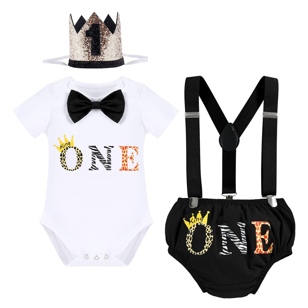 Baby Boy Jungle Safari Theme First 1st Birthday Cake Smash Outfit One Year Old Party Cotton Short Sleeve Romper Bodysuit Diaper Cover Shorts Bloomers Y-back Suspenders Crown Headband Set Black 6-12M