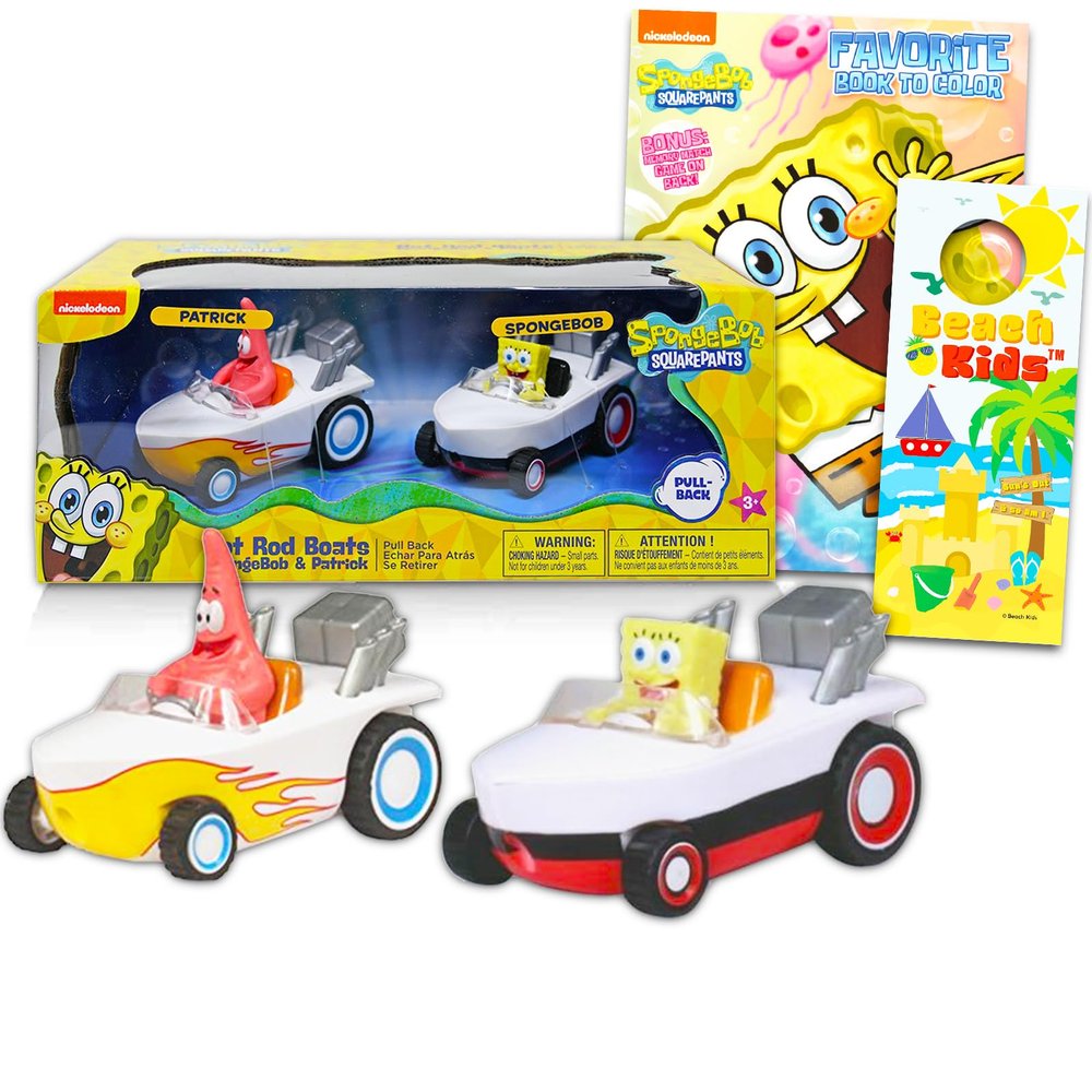 Spongebob Squarepants Hot Rod Boat Race Bundle - 2 Pack Spongebob & Patrick Pull Back Hot Rod Boats with Spongebob Play Pack and More (Spongebob Boat Cars)