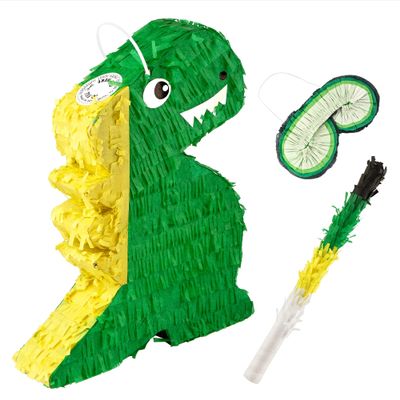 IMPRESA Dinosaur Pinata - Blindfold & Baton for Dino Party Games - 3-Lb Candy Capacity for Birthday Pinata - Vibrant Green Dino Design for Party Decoration - Green, Paper, Pack of 1