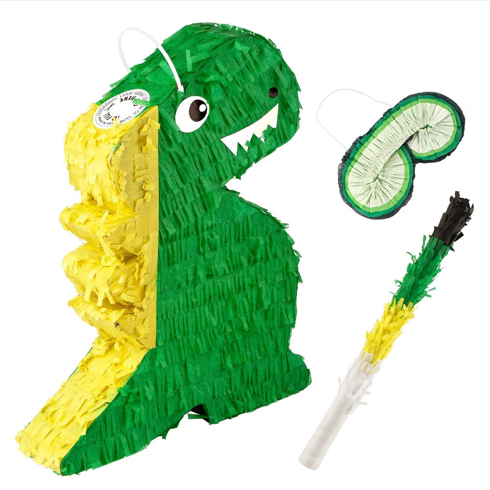 IMPRESA Dinosaur Pinata - Blindfold & Baton for Dino Party Games - 3-Lb Candy Capacity for Birthday Pinata - Vibrant Green Dino Design for Party Decoration - Green, Paper, Pack of 1