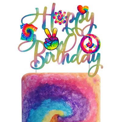 C L cooper life Tie Dye Happy Birthday Cake Topper - Gold, 1pc, 7.9 x 6.8 inches - Tie Dye Party Decoration for Carnival, Baby Shower, Birthday