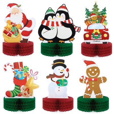 6 Pieces Christmas Table Decorations Honeycomb Centerpieces, Christmas 3D Honeycomb Table Decor, Santa Snowman Topper for Winter Holidays Dining Room Party Supplies Favors
