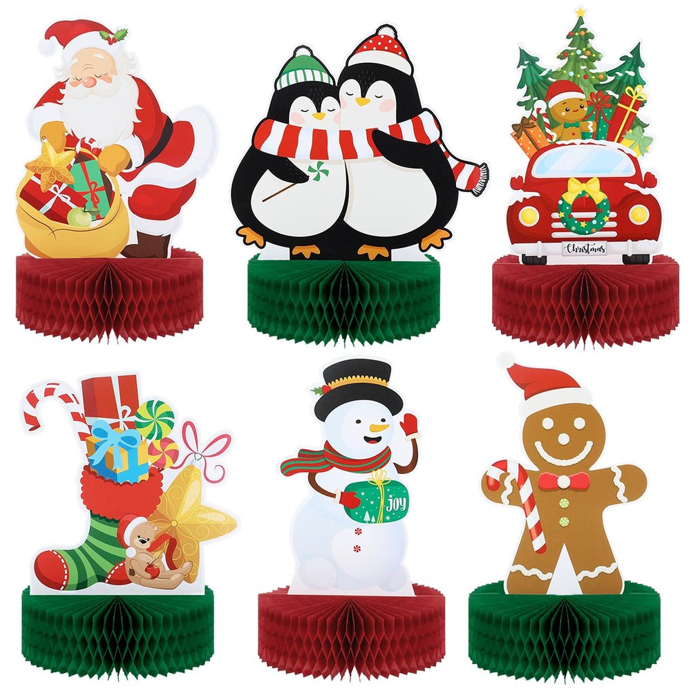 6 Pieces Christmas Table Decorations Honeycomb Centerpieces, Christmas 3D Honeycomb Table Decor, Santa Snowman Topper for Winter Holidays Dining Room Party Supplies Favors