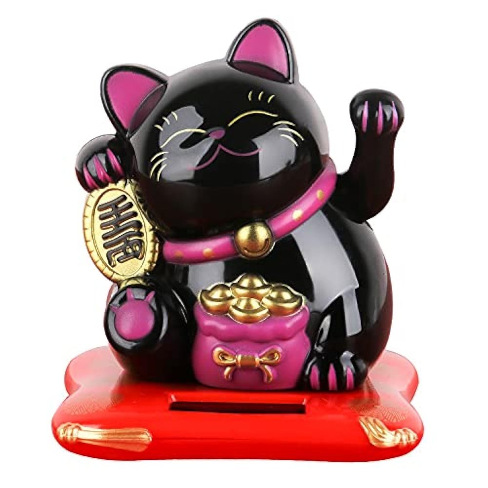 RunXF Cute Waving Fortune Cat Welcome Solar Powered Japanese Lucky Cat Car Desktop Decoration Gift (Black)