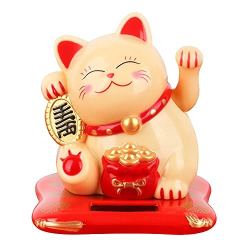 RunXF Cute Waving Fortune Cat Welcome Solar Powered Japanese Lucky Cat Car Desktop Decoration Gift (Gold)